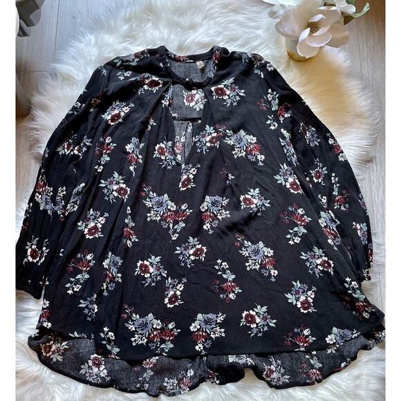 Free People Tunic Womens Size XS Black Floral Oversized Keyhole Rayon Mini Dress - Picture 1 of 9